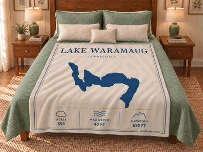 Lake Waramaug Minimalist blanket displayed on a bed