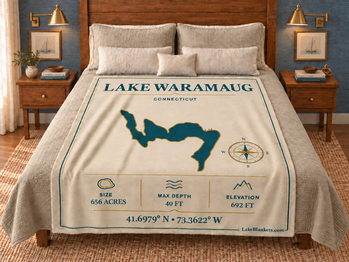 Lake Waramaug Minimalist Navigation blanket displayed on a bed
