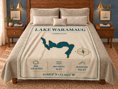 Lake Waramaug Minimalist Navigation blanket displayed on a bed