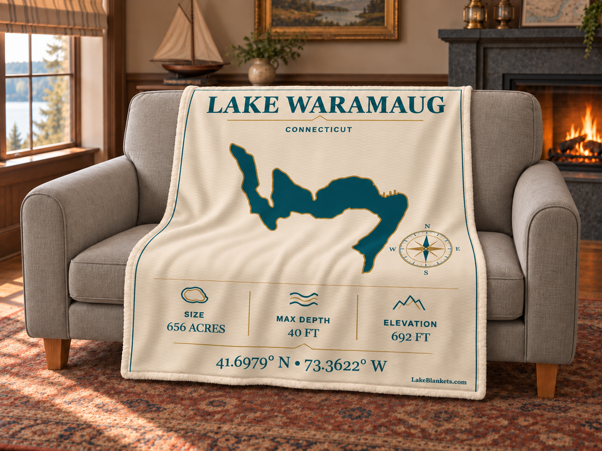 Lake Waramaug Minimalist Navigation blanket draped over a couch
