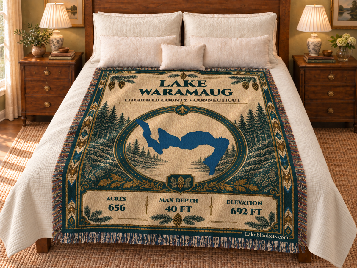 Lake Waramaug Woven Heritage blanket displayed on a bed