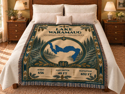 Lake Waramaug Woven Heritage blanket displayed on a bed