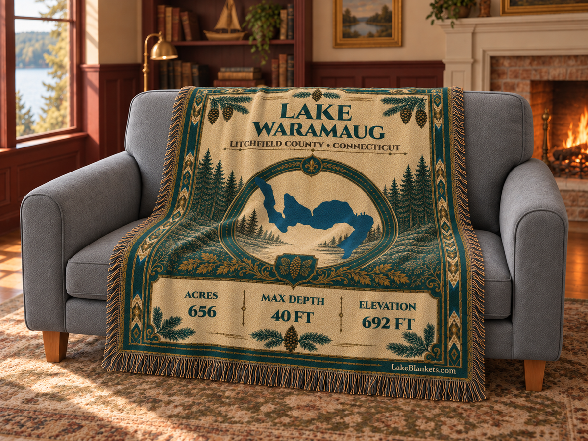 Lake Waramaug Woven Heritage blanket draped over a couch