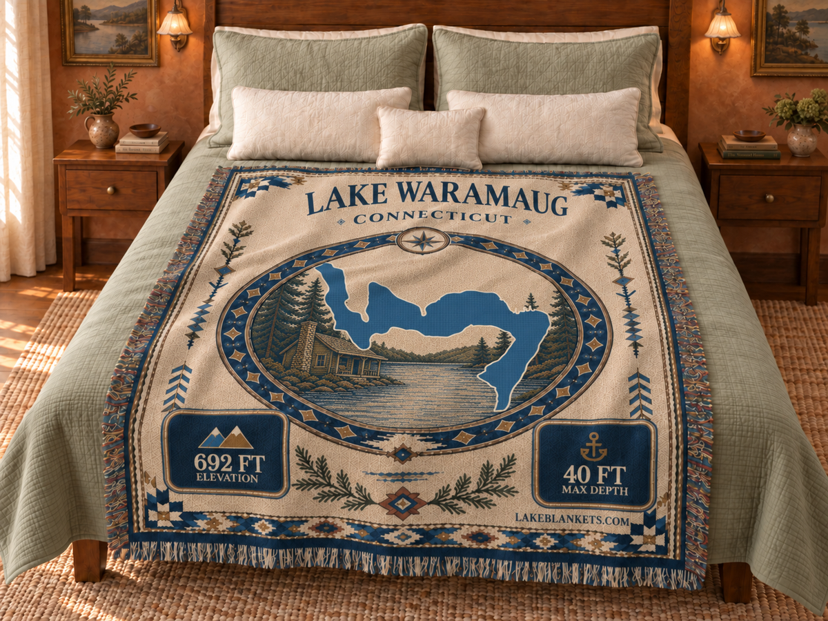 Lake Waramaug Woven Landmark Medallion blanket displayed on a bed