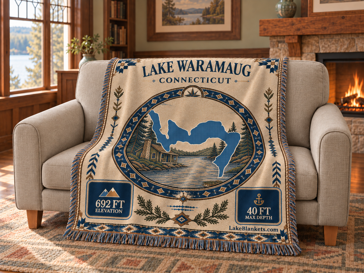 Lake Waramaug Woven Landmark Medallion blanket draped over a couch