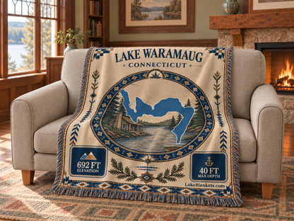 Lake Waramaug Woven Landmark Medallion blanket draped over a couch