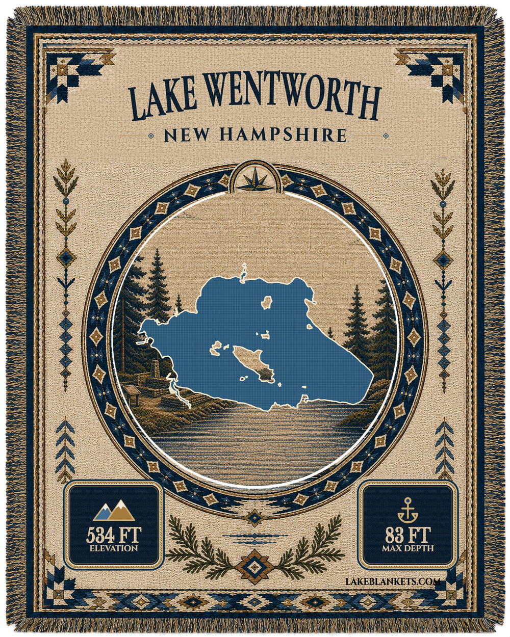 Lake Wentworth New Hampshire woven landmark medallion blanket with historic-site scene and fringe