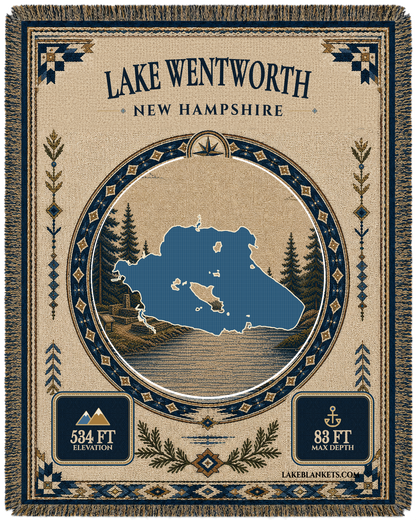Lake Wentworth New Hampshire woven landmark medallion blanket with historic-site scene and fringe