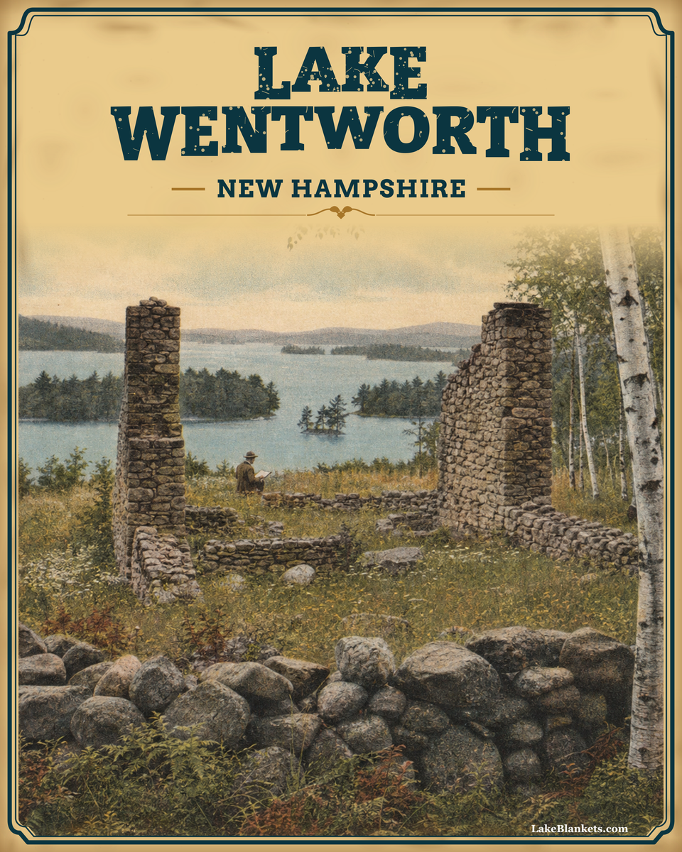 Lake Wentworth New Hampshire Photoesc Sherpa blanket with vintage Governor Wentworth historic-site scene