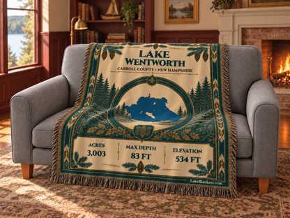 Lake Wentworth Woven Heritage blanket draped over a couch