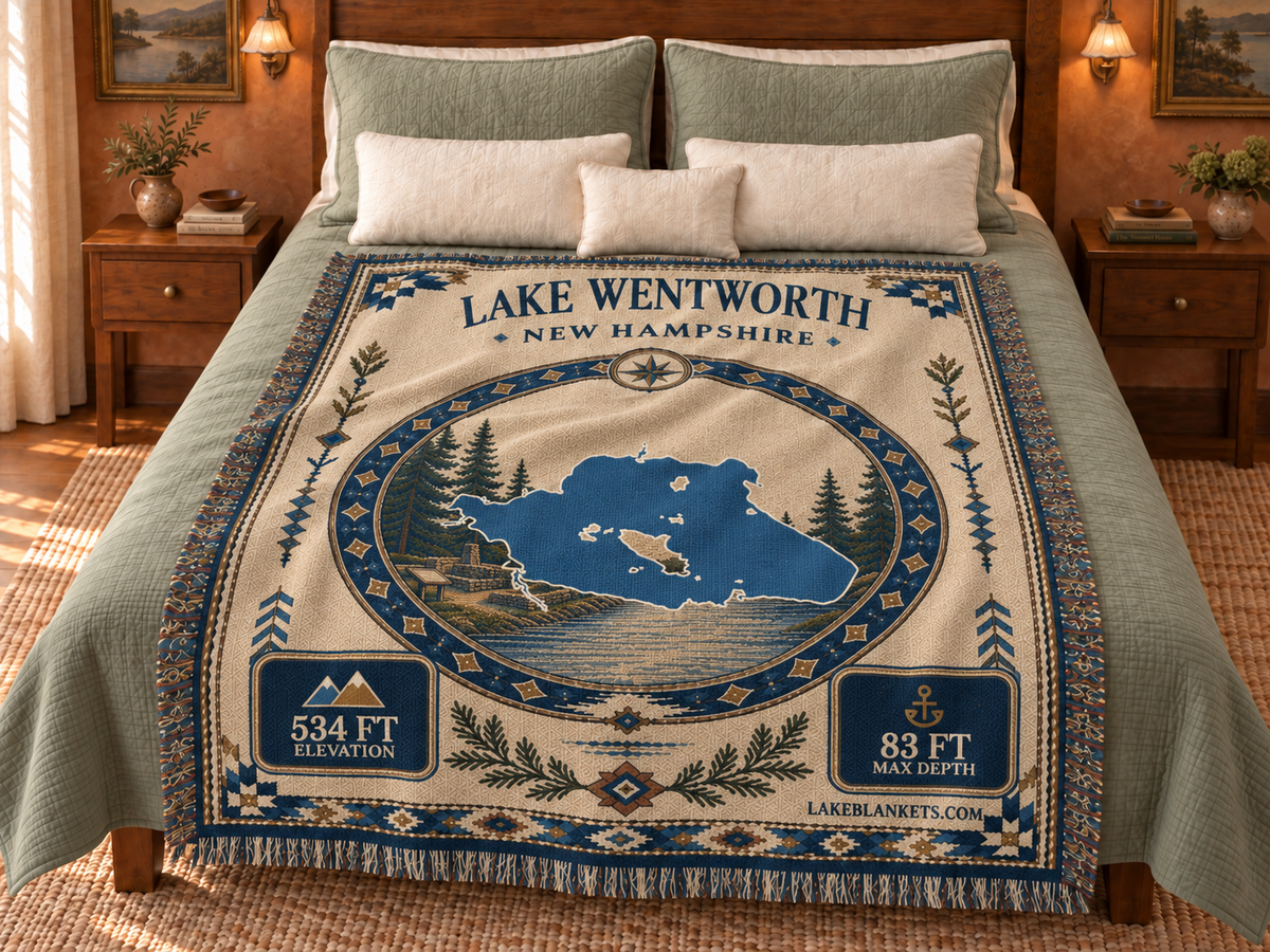 Lake Wentworth Woven Landmark Medallion blanket displayed on a bed