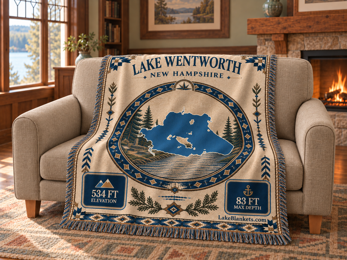 Lake Wentworth Woven Landmark Medallion blanket draped over a couch