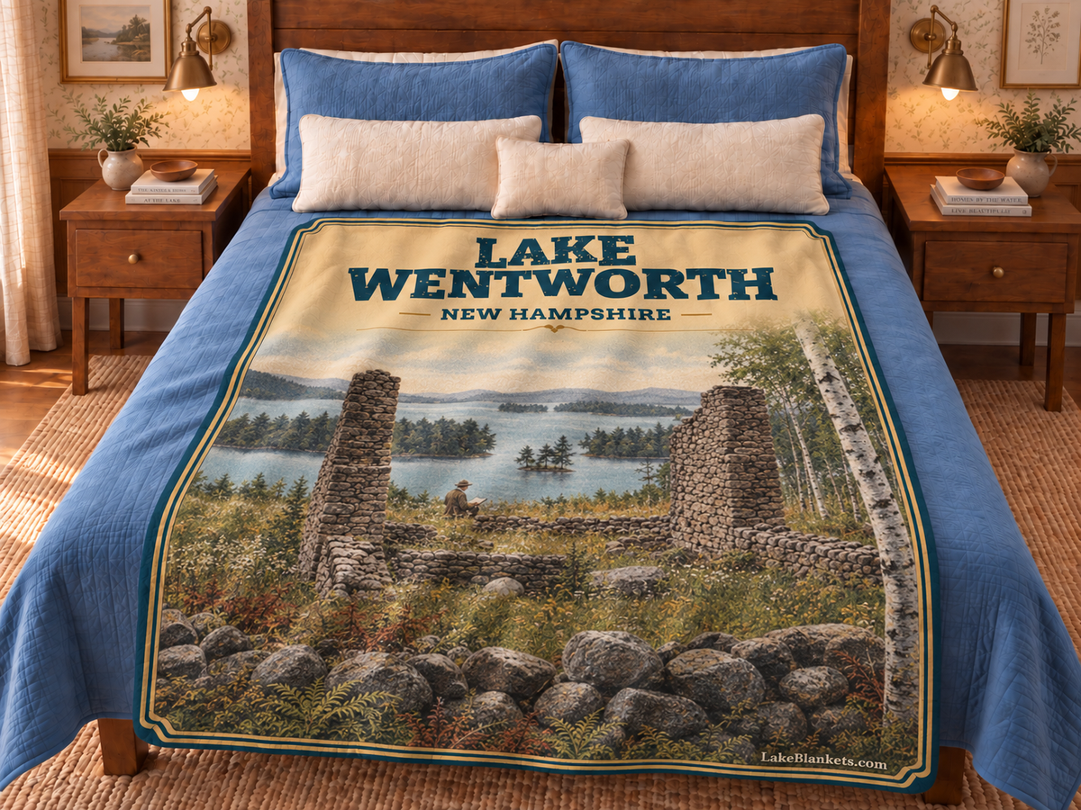 Lake Wentworth Photoesc blanket displayed on a bed