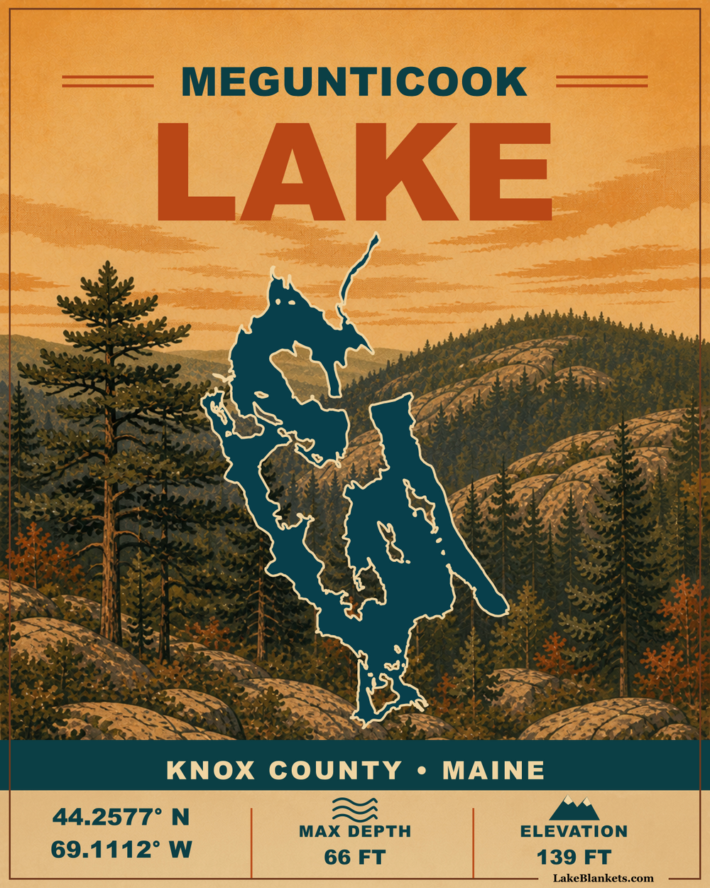 Megunticook Lake Maine Vintage premium Sherpa fleece blanket design