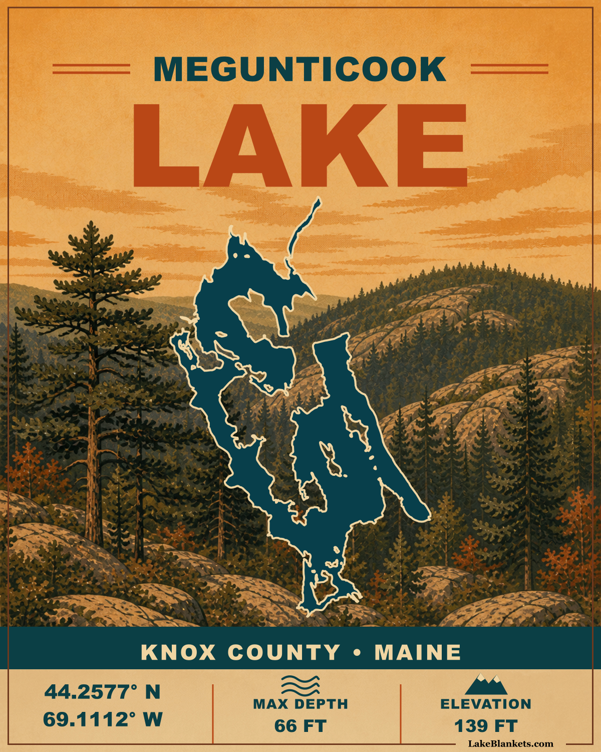 Megunticook Lake Maine Vintage premium Sherpa fleece blanket design