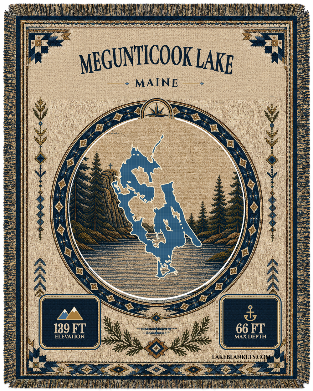 Megunticook Lake Maine woven blanket with Maiden Cliff landmark medallion