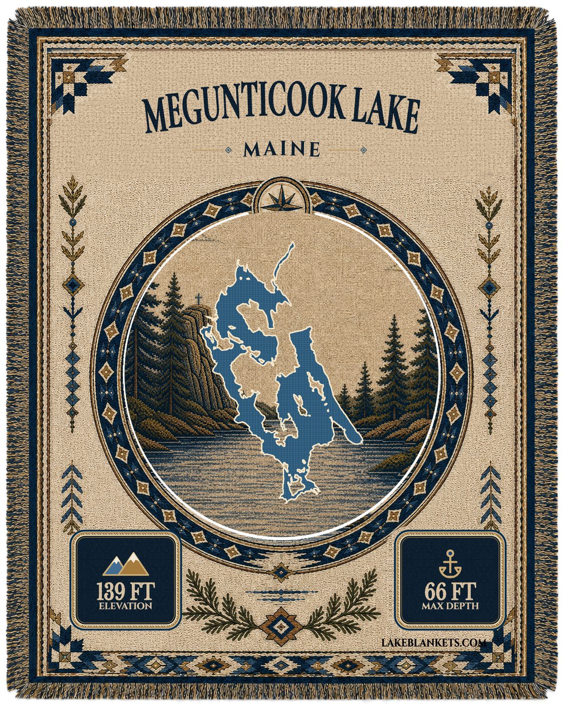 Megunticook Lake Maine woven blanket with Maiden Cliff landmark medallion