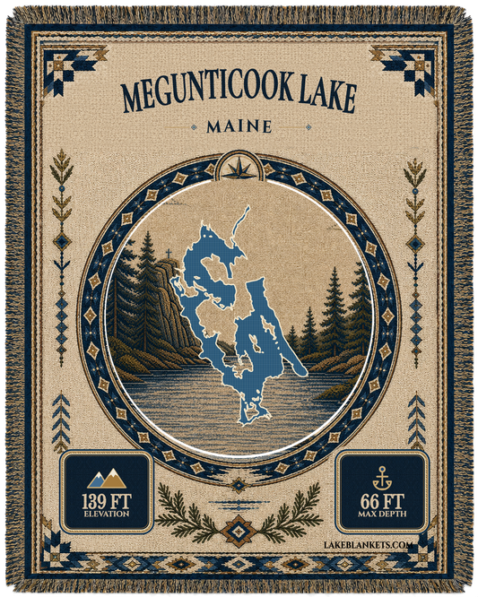 Megunticook Lake Maine woven blanket with Maiden Cliff landmark medallion