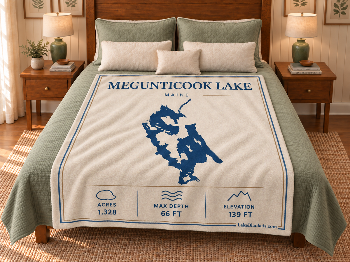 Megunticook Lake Minimalist blanket displayed on a bed