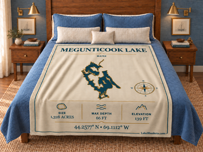 Megunticook Lake Minimalist Navigation blanket displayed on a bed