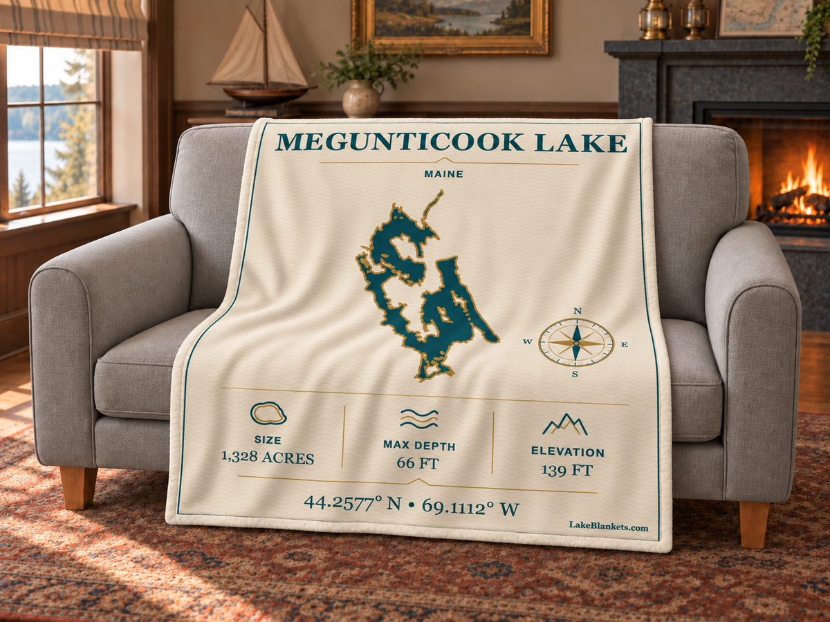 Megunticook Lake Minimalist Navigation blanket draped over a couch