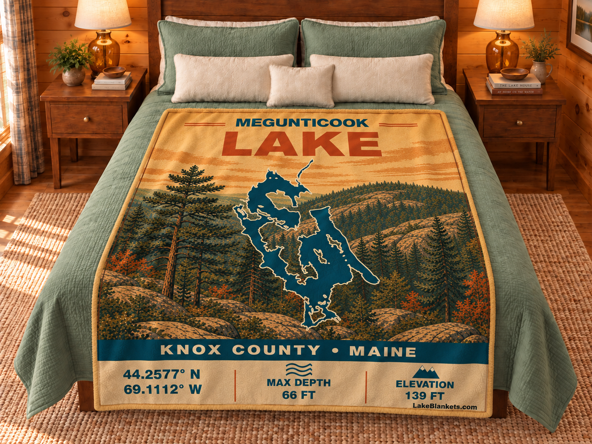 Megunticook Lake Vintage blanket displayed on a bed