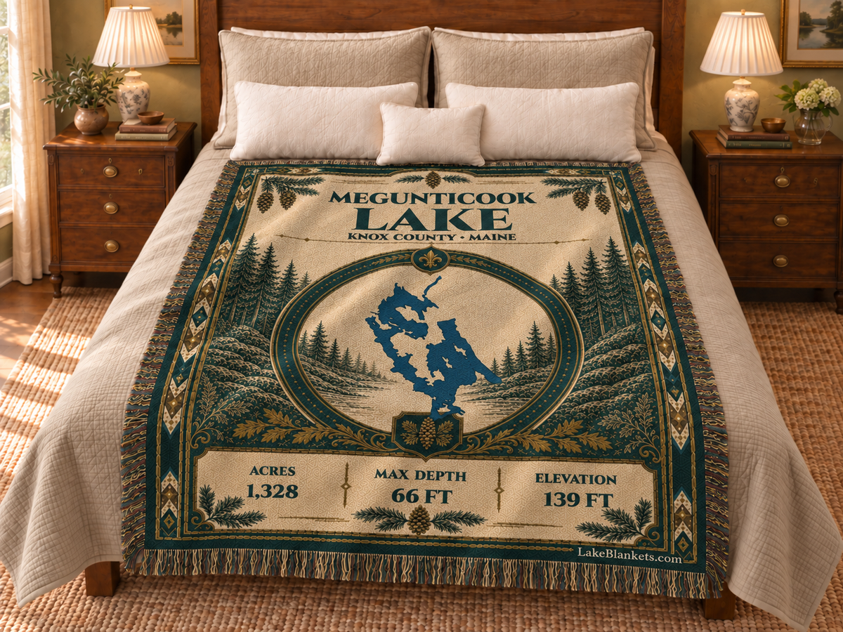 Megunticook Lake Woven Heritage blanket displayed on a bed