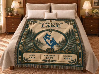 Megunticook Lake Woven Heritage blanket displayed on a bed