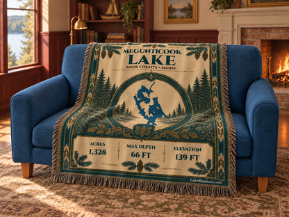 Megunticook Lake Woven Heritage blanket draped over a couch