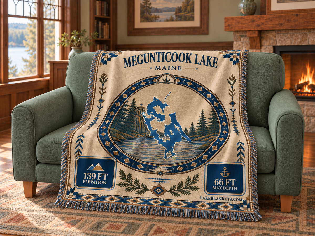 Megunticook Lake Woven Landmark Medallion blanket draped over a couch