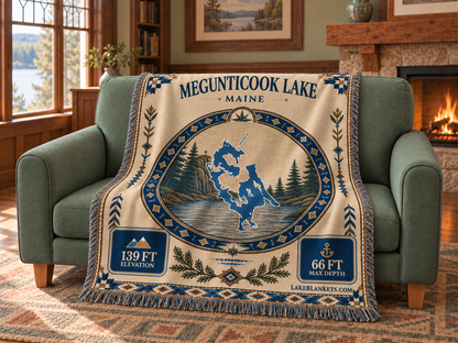 Megunticook Lake Woven Landmark Medallion blanket draped over a couch