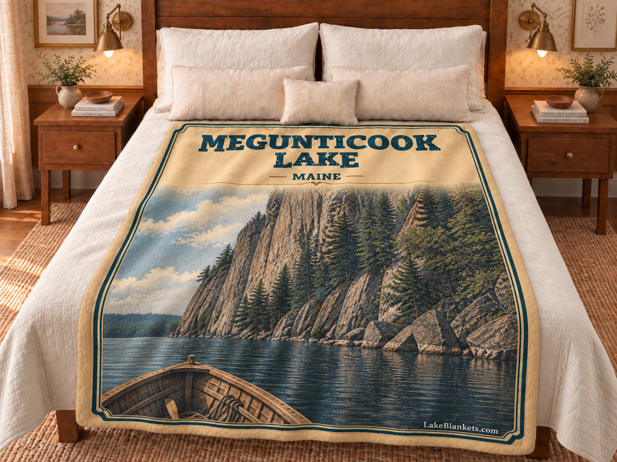 Megunticook Lake Photoesc blanket displayed on a bed