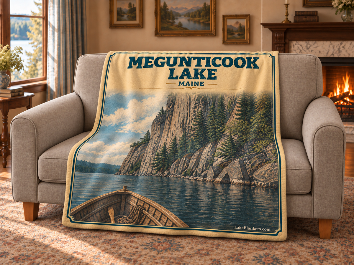 Megunticook Lake Photoesc blanket draped over a couch