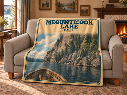Megunticook Lake Photoesc blanket draped over a couch
