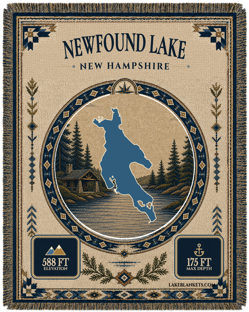 Newfound Lake New Hampshire woven landmark medallion blanket with lakeside camp scene and fringe