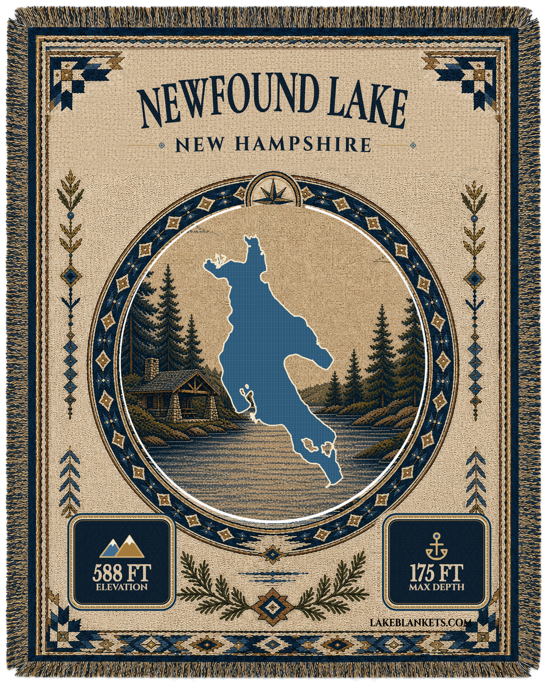 Newfound Lake New Hampshire woven landmark medallion blanket with lakeside camp scene and fringe