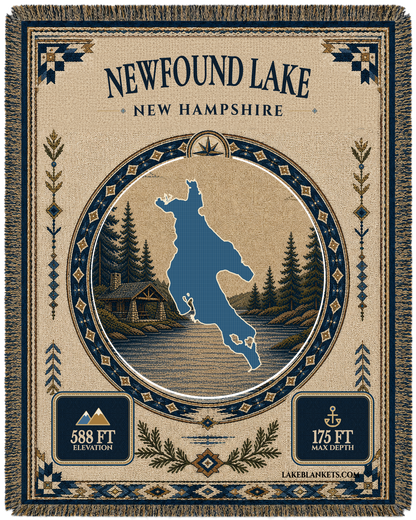 Newfound Lake New Hampshire woven landmark medallion blanket with lakeside camp scene and fringe