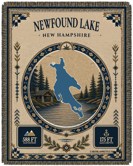 Newfound Lake New Hampshire woven landmark medallion blanket with lakeside camp scene and fringe
