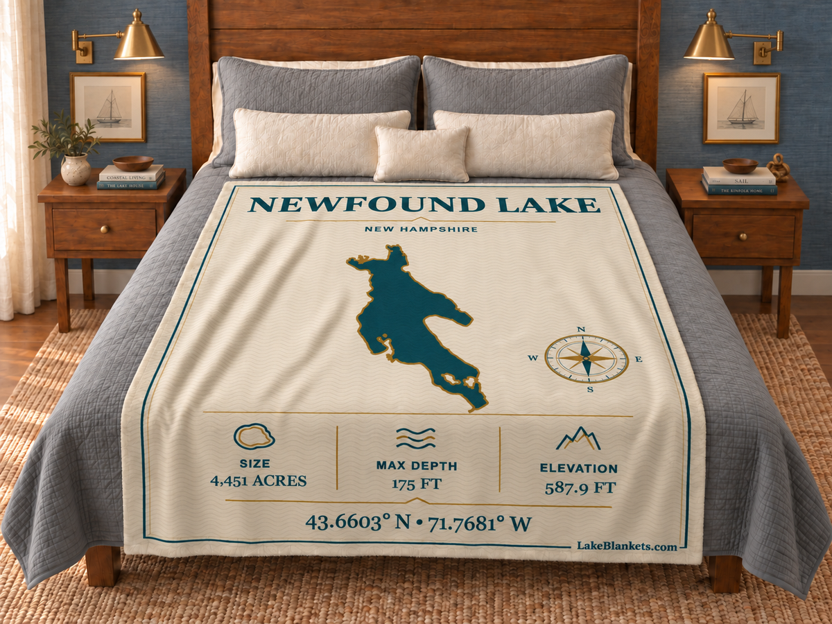 Newfound Lake Minimalist Navigation blanket displayed on a bed