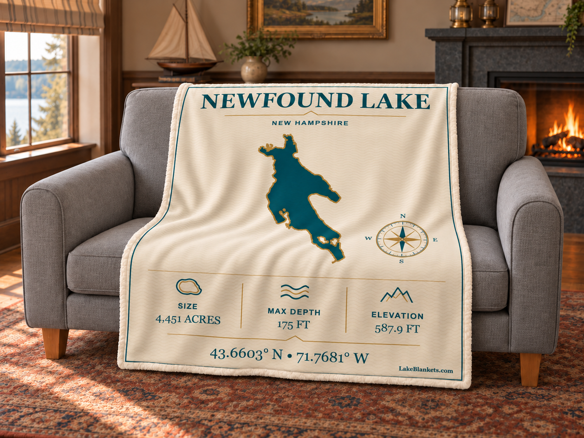 Newfound Lake Minimalist Navigation blanket draped over a couch