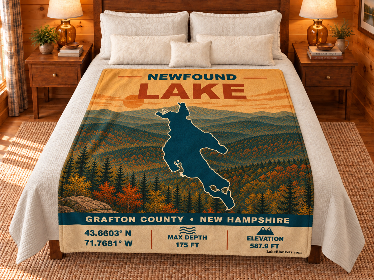 Newfound Lake Vintage blanket displayed on a bed