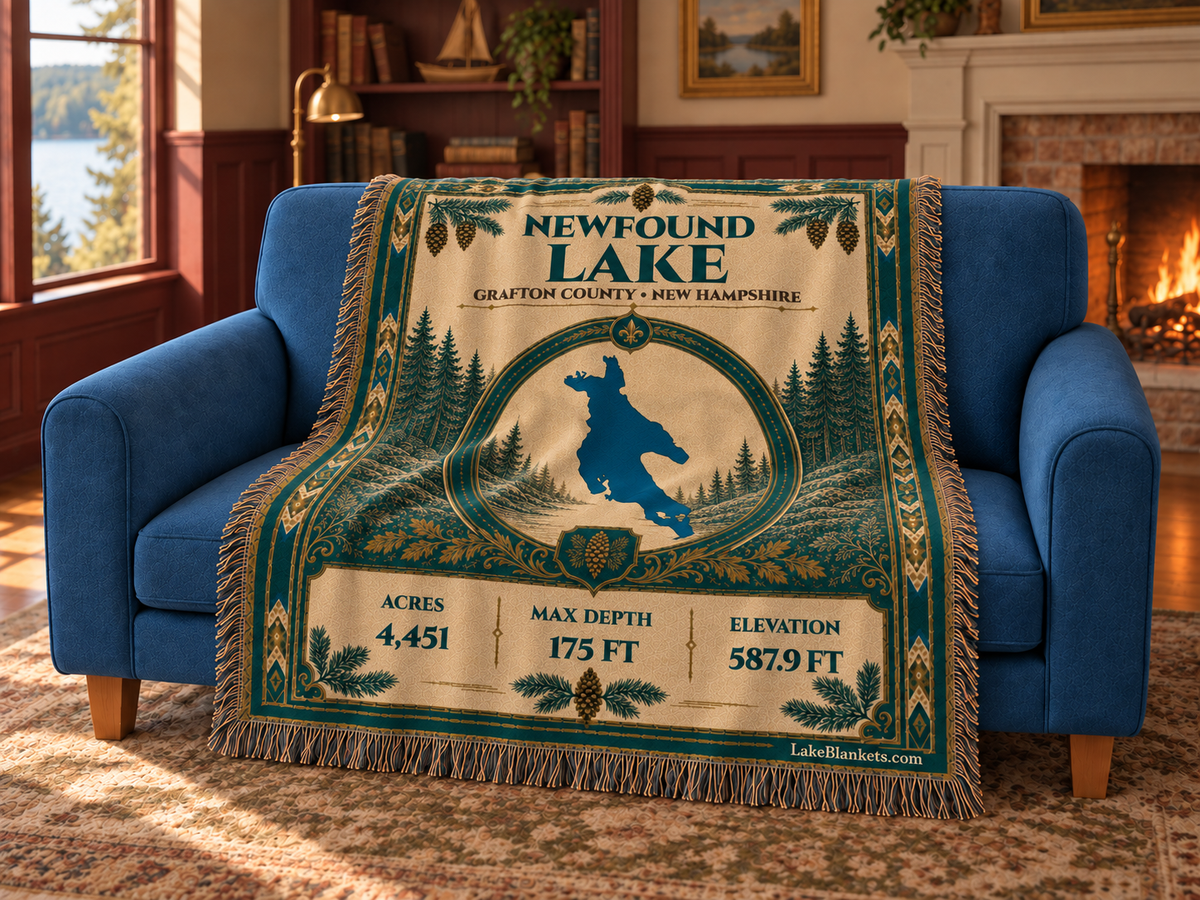 Newfound Lake Woven Heritage blanket draped over a couch