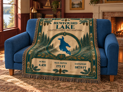 Newfound Lake Woven Heritage blanket draped over a couch