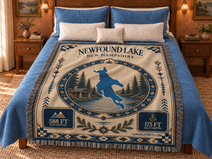 Newfound Lake Woven Landmark Medallion blanket displayed on a bed