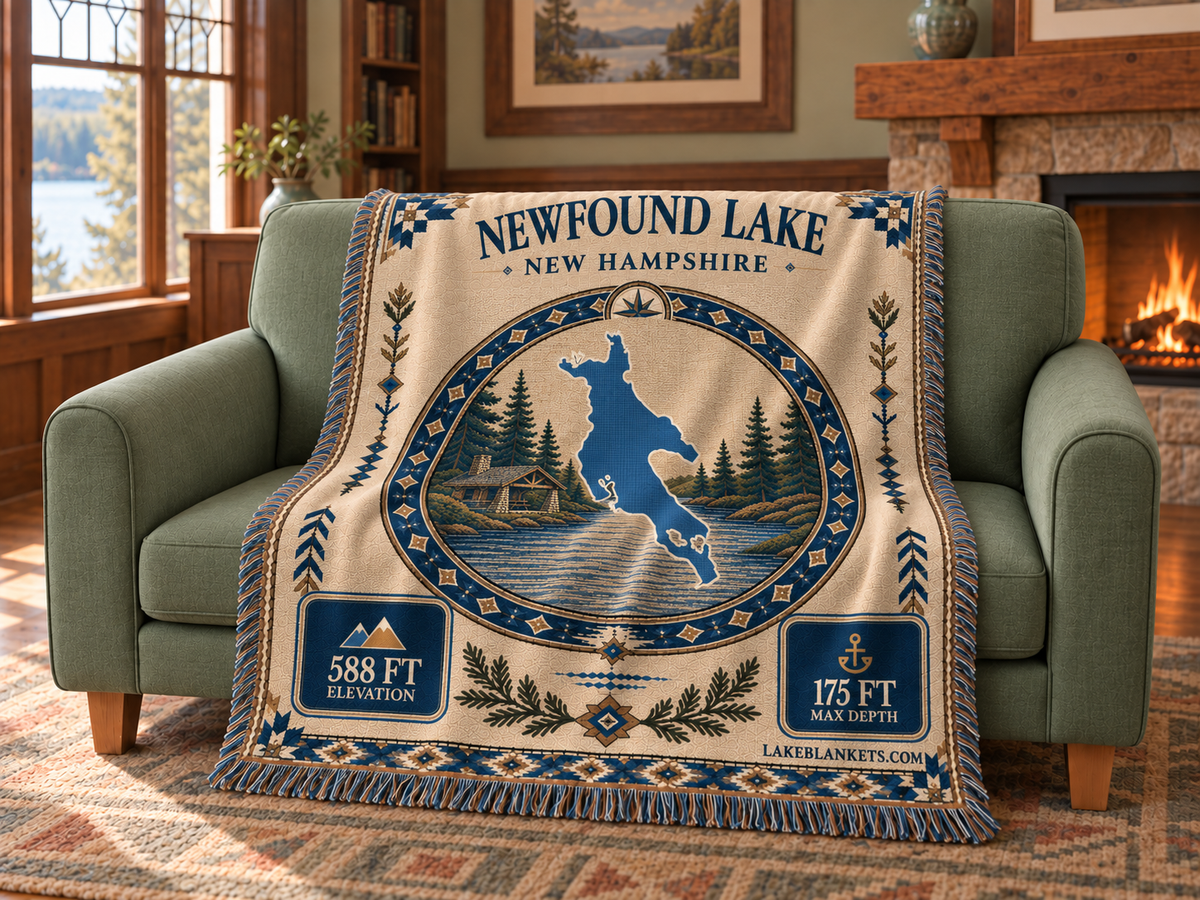 Newfound Lake Woven Landmark Medallion blanket draped over a couch