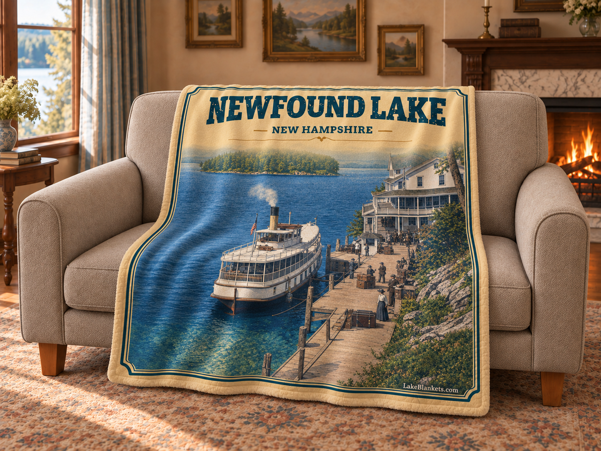 Newfound Lake Photoesc blanket draped over a couch