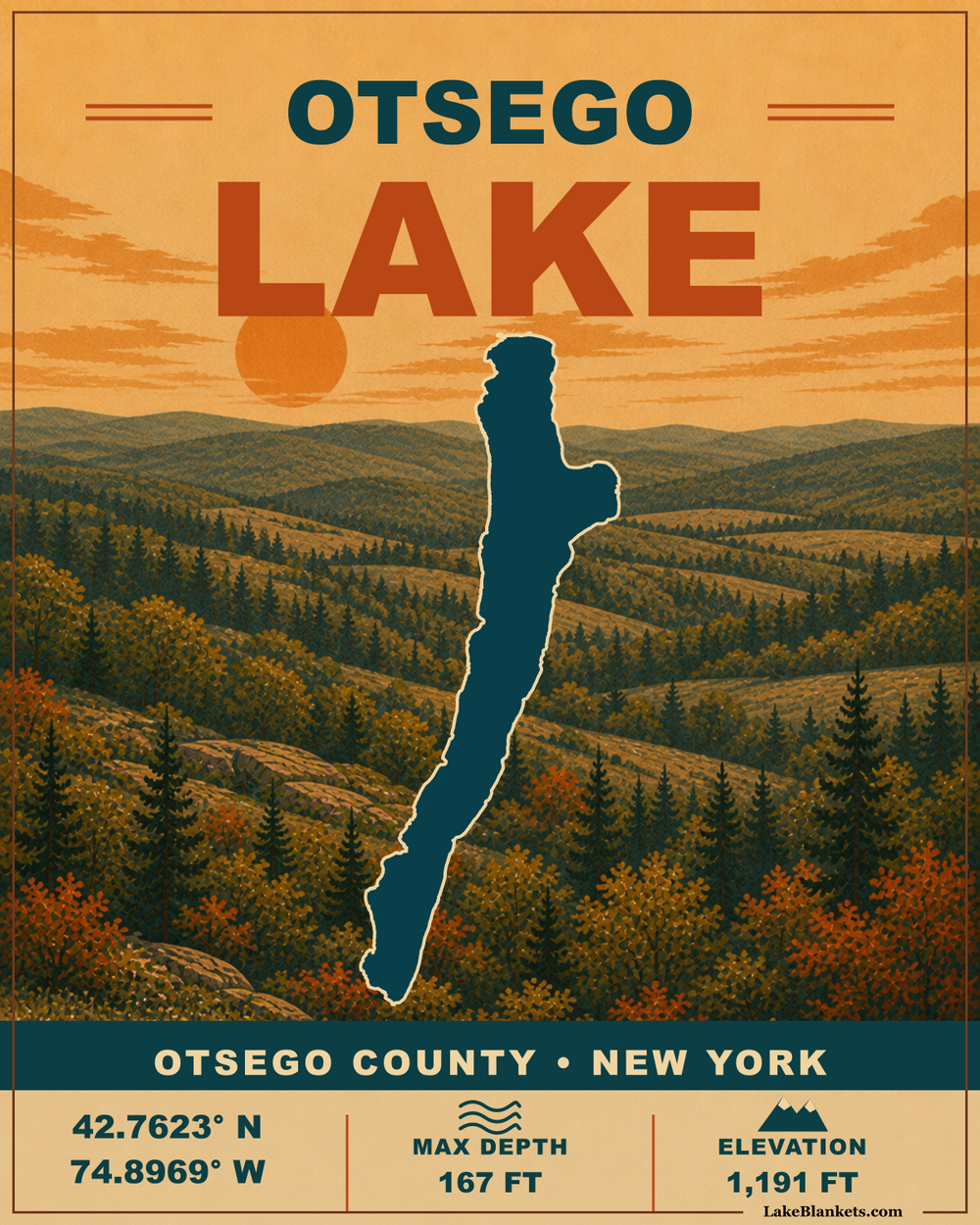 Otsego Lake New York vintage sherpa blanket with exact lake silhouette, warm sunset, layered wooded hills, coordinates, depth, and elevation