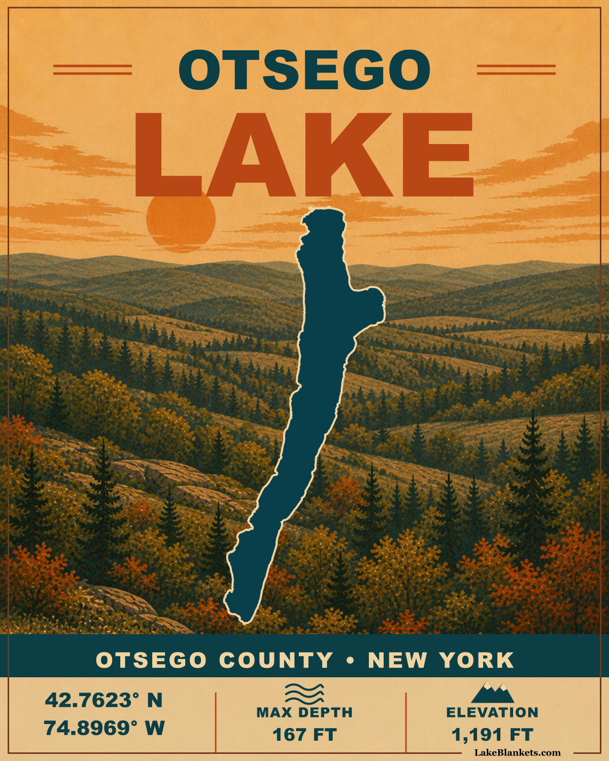 Otsego Lake New York vintage sherpa blanket with exact lake silhouette, warm sunset, layered wooded hills, coordinates, depth, and elevation