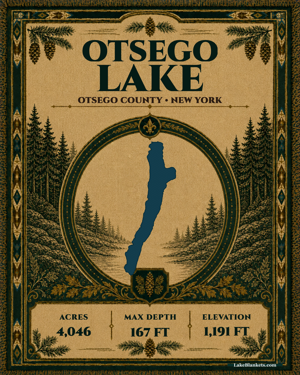 Otsego Lake New York woven heritage blanket with exact lake silhouette, evergreen medallion, verified facts, ornamental border, and fringe
