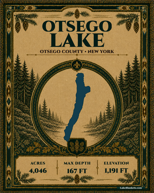 Otsego Lake New York woven heritage blanket with exact lake silhouette, evergreen medallion, verified facts, ornamental border, and fringe